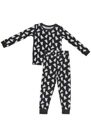 Black pajama set with white ghost print, made from bamboo fabric, featuring long sleeves and pants.