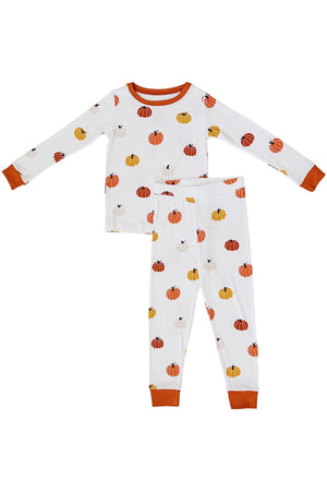White pajama set with orange cuffs, featuring colorful pumpkin prints. Made from bamboo, suitable for kids.