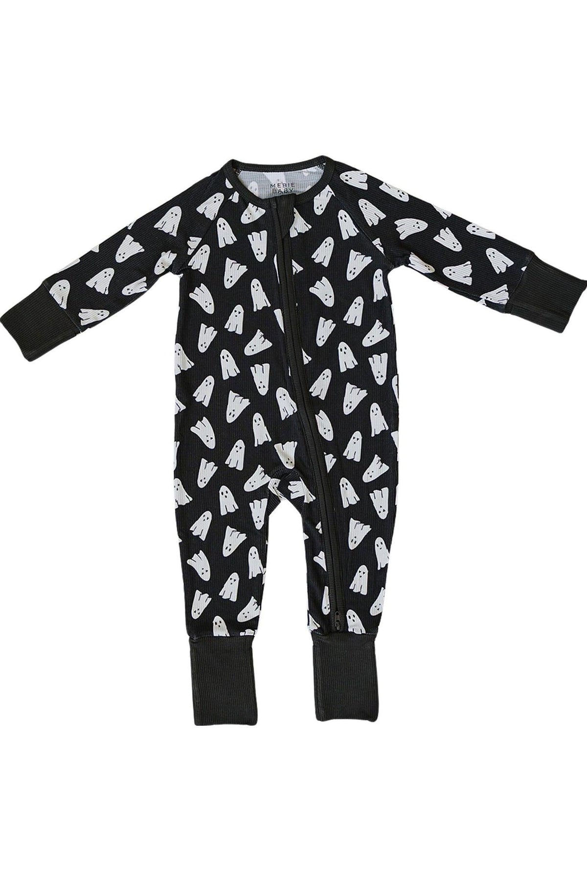 Black baby pajama with white ghost pattern, featuring a front zipper and cuffed sleeves, made from soft bamboo.