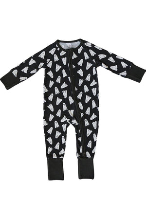 Black baby pajama with white ghost pattern, featuring a front zipper and cuffed sleeves, made from soft bamboo.
