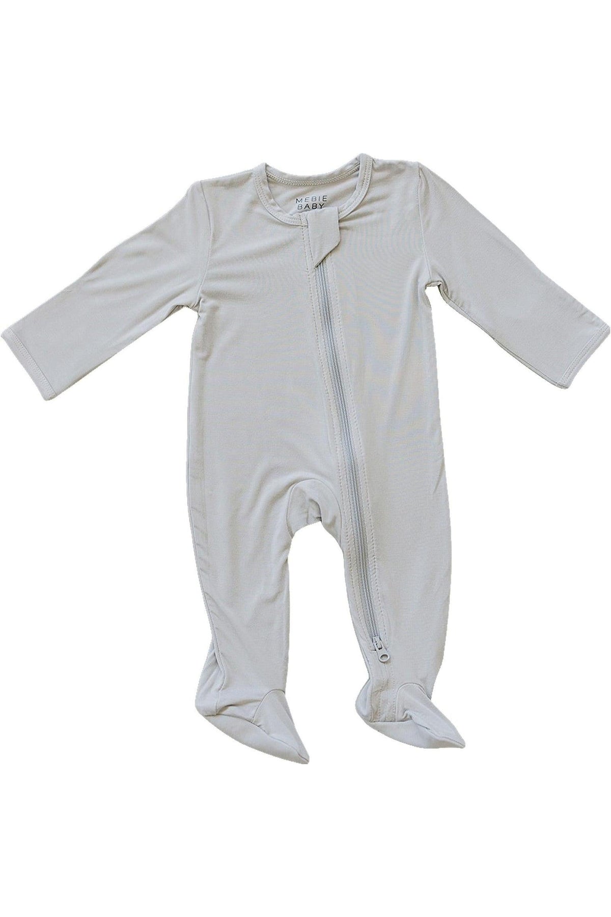 Mebie Baby stone-colored footed pajama made from bamboo with a double zipper, designed for gender-neutral wear.