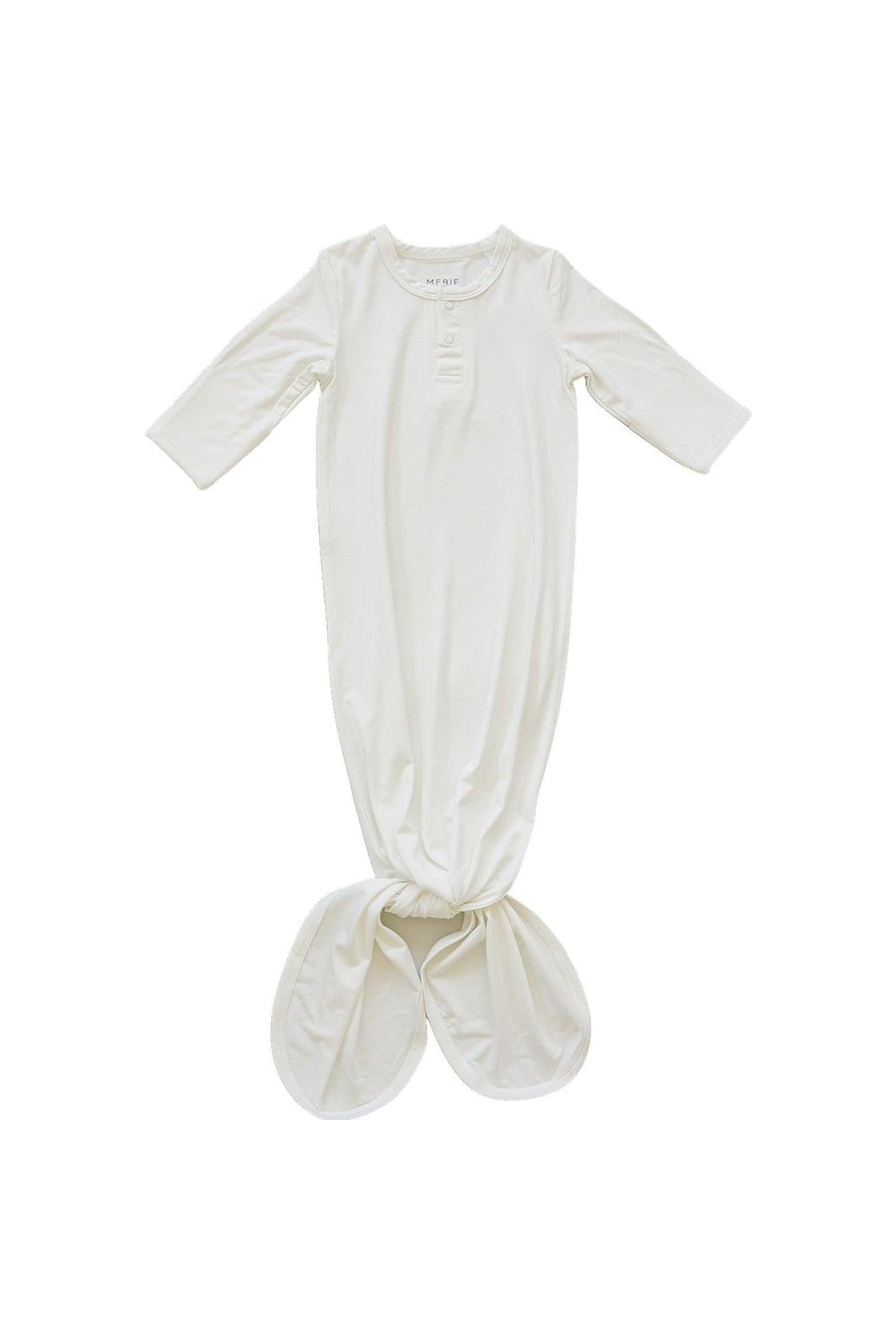 White baby knot gown made from soft bamboo fabric, featuring long sleeves and a knotted bottom.