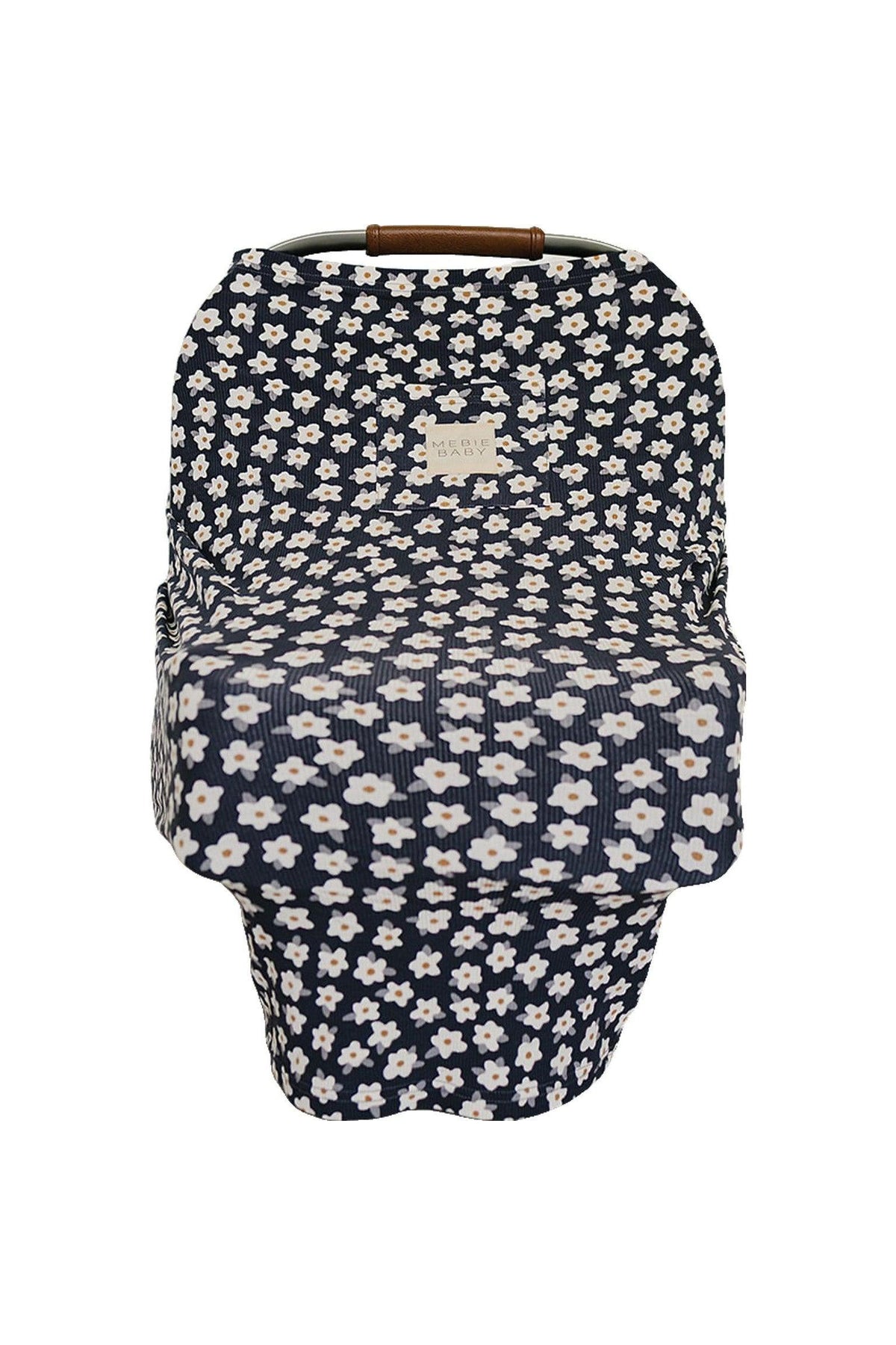 Navy blue baby car seat cover with white daisy pattern and Mebie Baby label, featuring a ribbed texture.