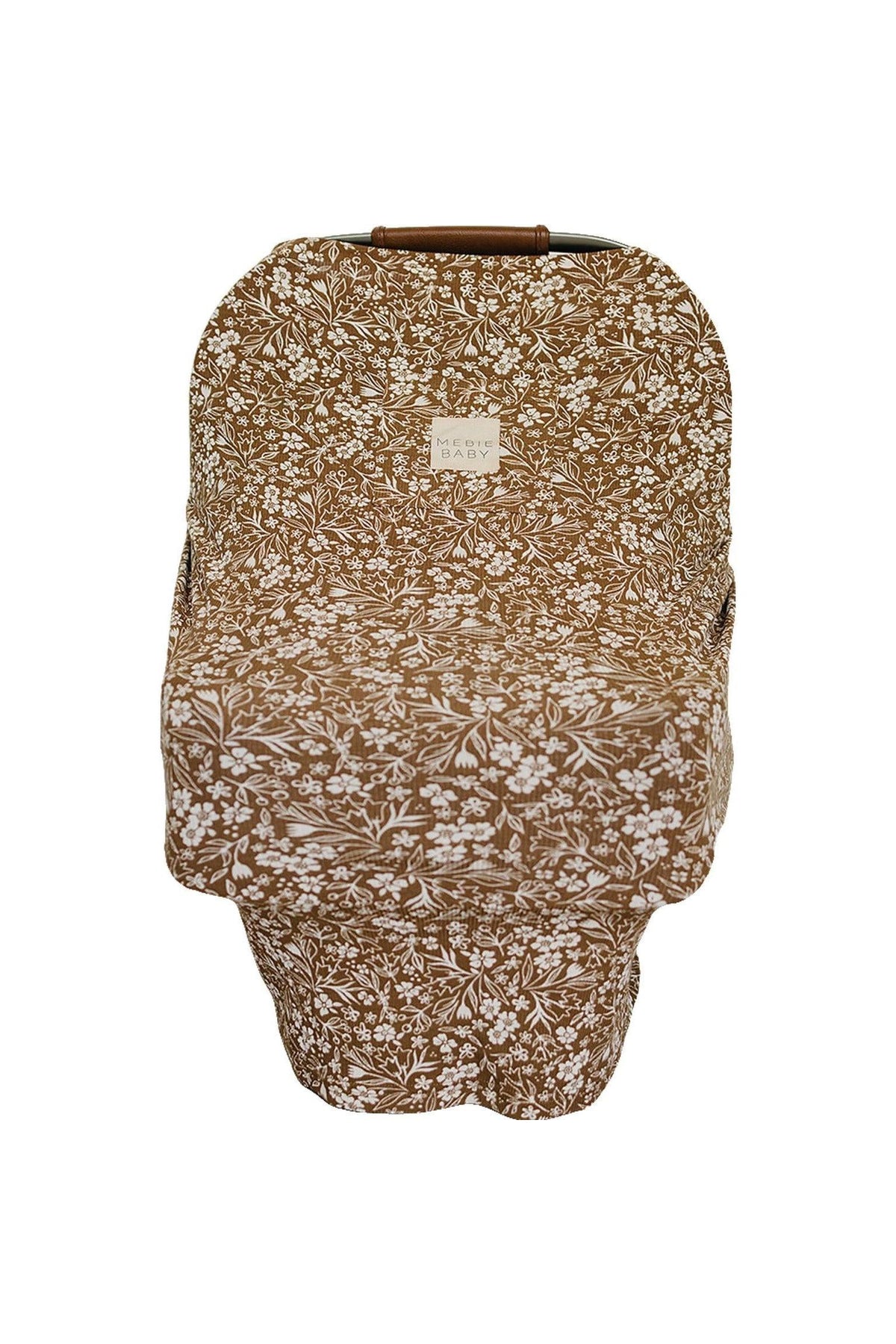 Brown floral car seat cover with white flowers, featuring a Mebie Baby label, made from soft, stretchy fabric.