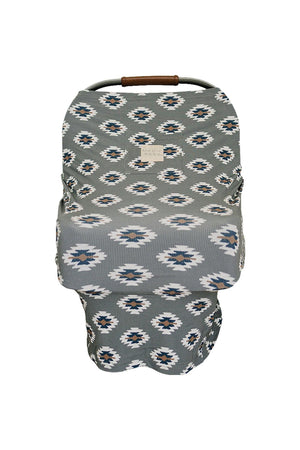A Mebie Baby car seat cover with a Southwest Aztec pattern in grey and white, featuring bamboo fabric.