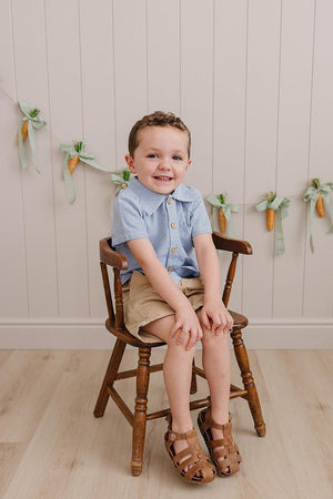 A young boy sits on a wooden chair, wearing a blue-striped button-up shirt and beige shorts. The background features a decorative garland with carrots, creating a cheerful atmosphere.