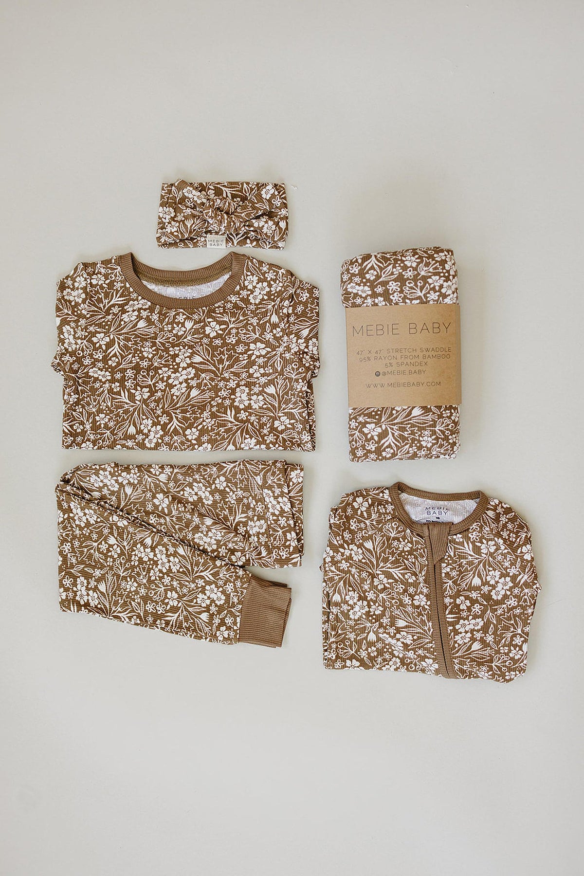 Mebie Baby Brown Floral Ribbed Zipper Pajama | Bamboo