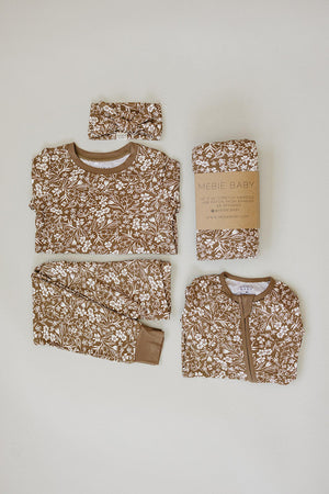Mebie Baby Brown Floral Ribbed Zipper Pajama | Bamboo