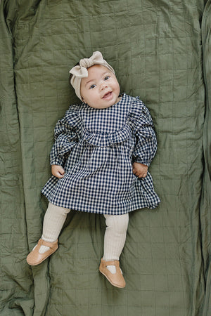 Gingham Long Sleeve Ruffle Linen/Cotton Dress