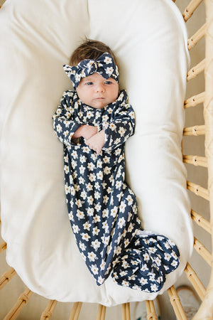 Navy Daisy Ribbed Knot Gown | Bamboo | Baby Essentials