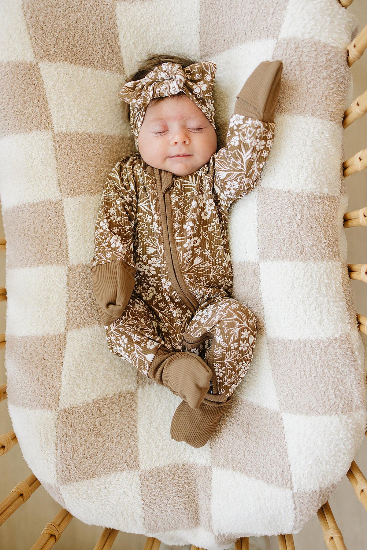 Mebie Baby Brown Floral Ribbed Zipper Pajama | Bamboo