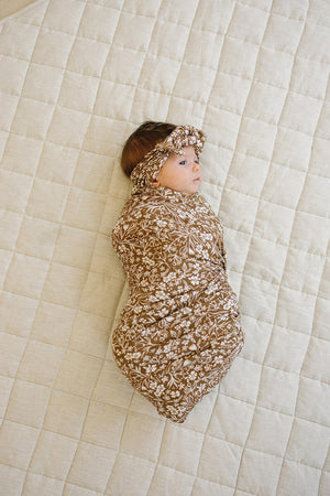 Brown Floral Ribbed Stretch Swaddle | Bamboo | Baby Essentials