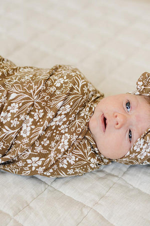 Brown Floral Ribbed Stretch Swaddle | Bamboo | Baby Essentials