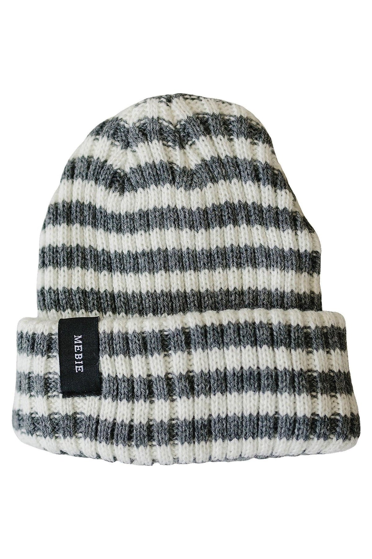 Chunky knit beanie in grey and white stripes, made from 100% angora wool, featuring a folded cuff and Mebie label.
