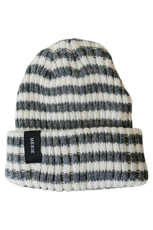Chunky knit beanie in grey and white stripes, made from 100% angora wool, featuring a folded cuff and Mebie label.