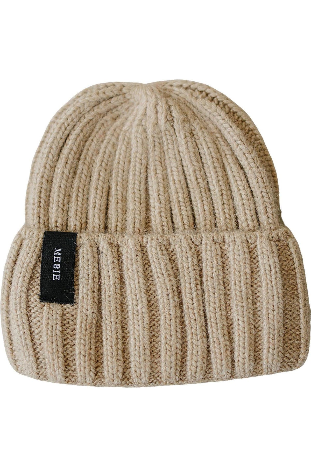 Tan chunky knit beanie made of 100% angora wool with a black Mebie label, suitable for babies.