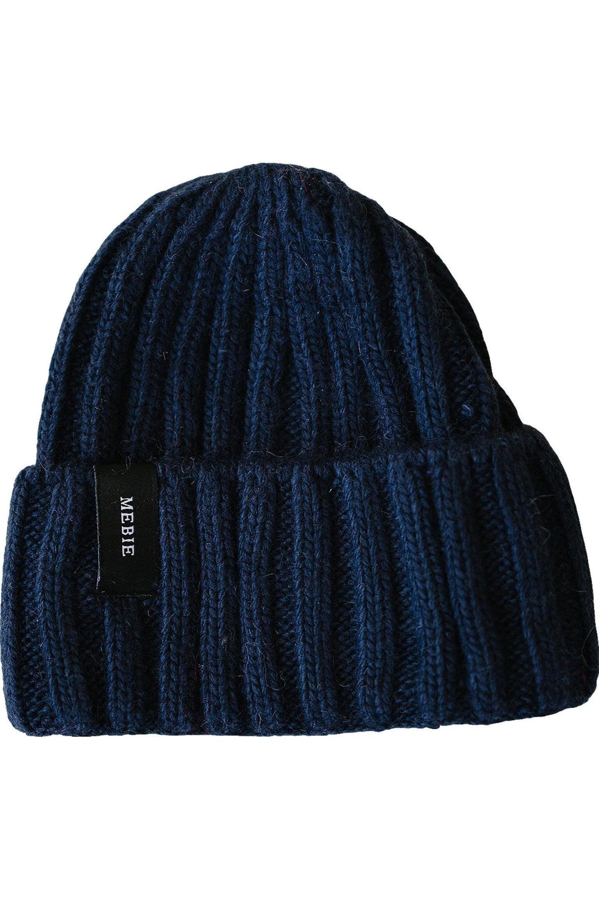 Navy blue chunky knit beanie made of 100% angora wool, featuring a folded cuff and a Mebie label.