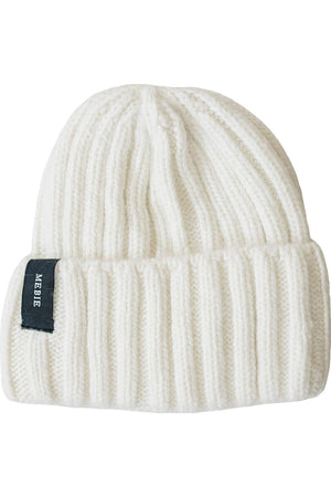 A soft, white chunky knit beanie made of 100% Angora wool, featuring a folded cuff and a navy Mebie label.