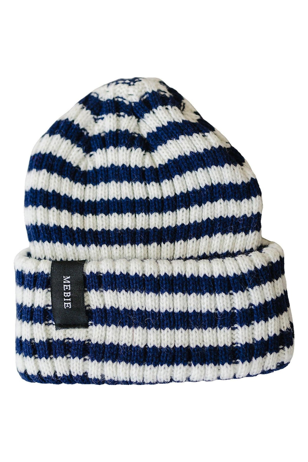 A navy and white striped chunky knit beanie with a folded cuff and a Mebie label.