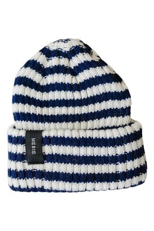 A navy and white striped chunky knit beanie with a folded cuff and a Mebie label.