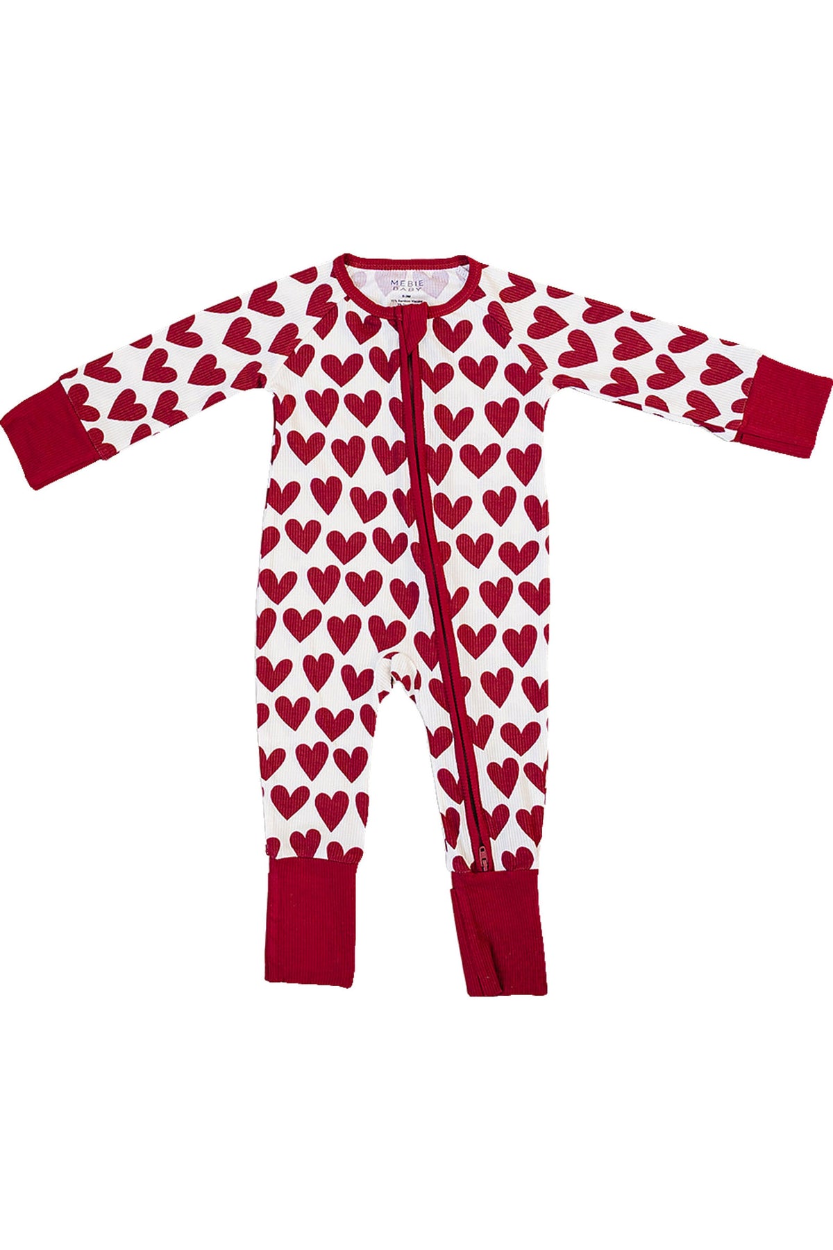 Mebie Baby Hearts Ribbed Zipper Pajama, Bamboo, Red, NB-18M, Gender Neutral, Baby