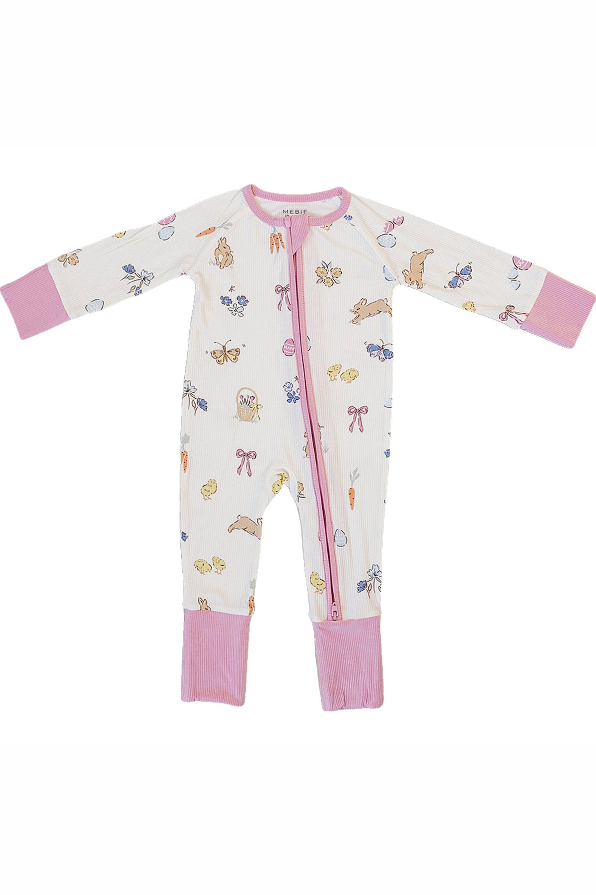 A baby girls pajama in soft, breathable bamboo fabric features a playful spring print with bunnies, butterflies, and flowers.