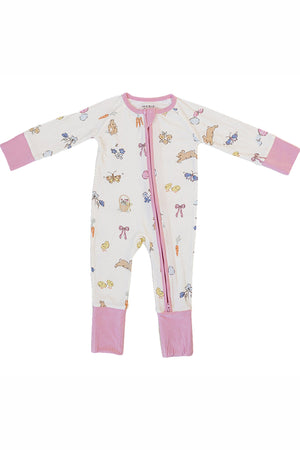 A baby girls pajama in soft, breathable bamboo fabric features a playful spring print with bunnies, butterflies, and flowers.