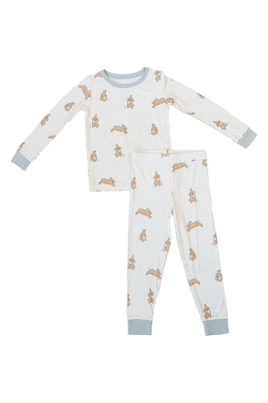 Light green bamboo pajama set featuring a playful bunny print. Made from soft, breathable material, this cozy outfit is ideal for toddlers and kids during playtime or bedtime.