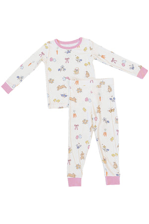 A cozy pink bunny pajama set featuring a playful spring print, made from soft, breathable bamboo fabric for girls.