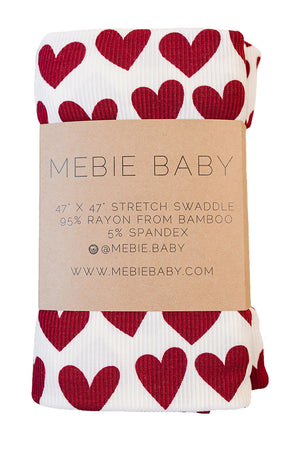 Mebie Baby Hearts Ribbed Stretch Swaddle Blanket for Babies, Bamboo, Red, Gender Neutral, Baby