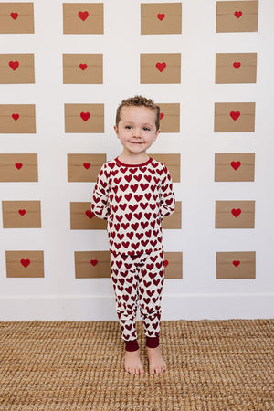 Mebie Baby Hearts Ribbed Cozy Pajama Set for Kids, Bamboo, Red, Baby, Toddler & Kids