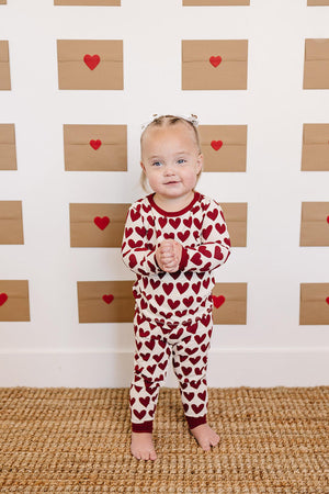 Mebie Baby Hearts Ribbed Cozy Pajama Set for Kids, Bamboo, Red, Baby, Toddler & Kids