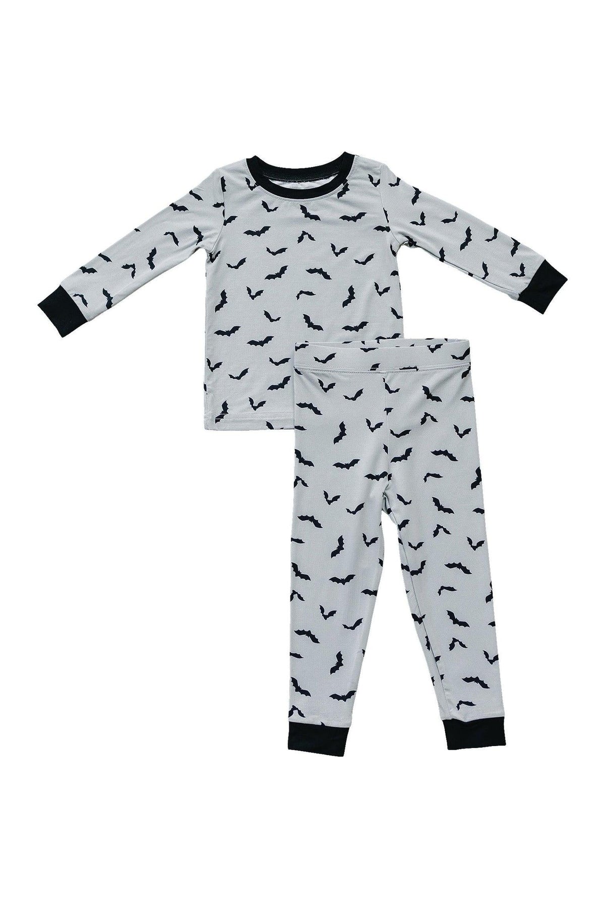 Gray pajama set with black bat print, featuring long sleeves and pants, made from soft bamboo fabric.