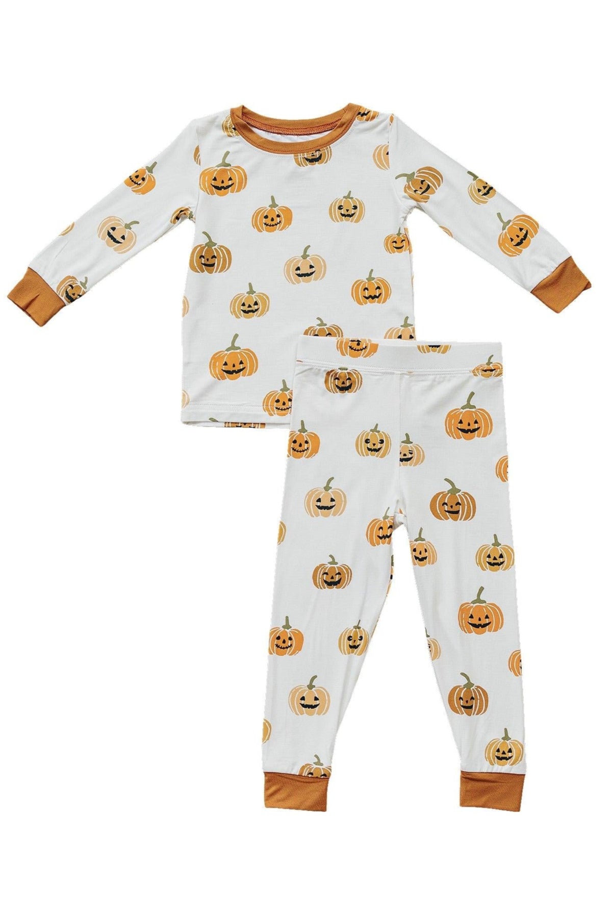 White pajama set with orange pumpkin print, featuring long sleeves and pants with brown cuffs. Made from bamboo fabric.