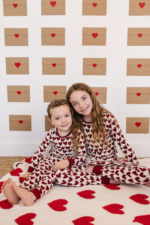 Mebie Baby Hearts Ribbed Cozy Pajama Set for Kids, Bamboo, Red, Baby, Toddler & Kids