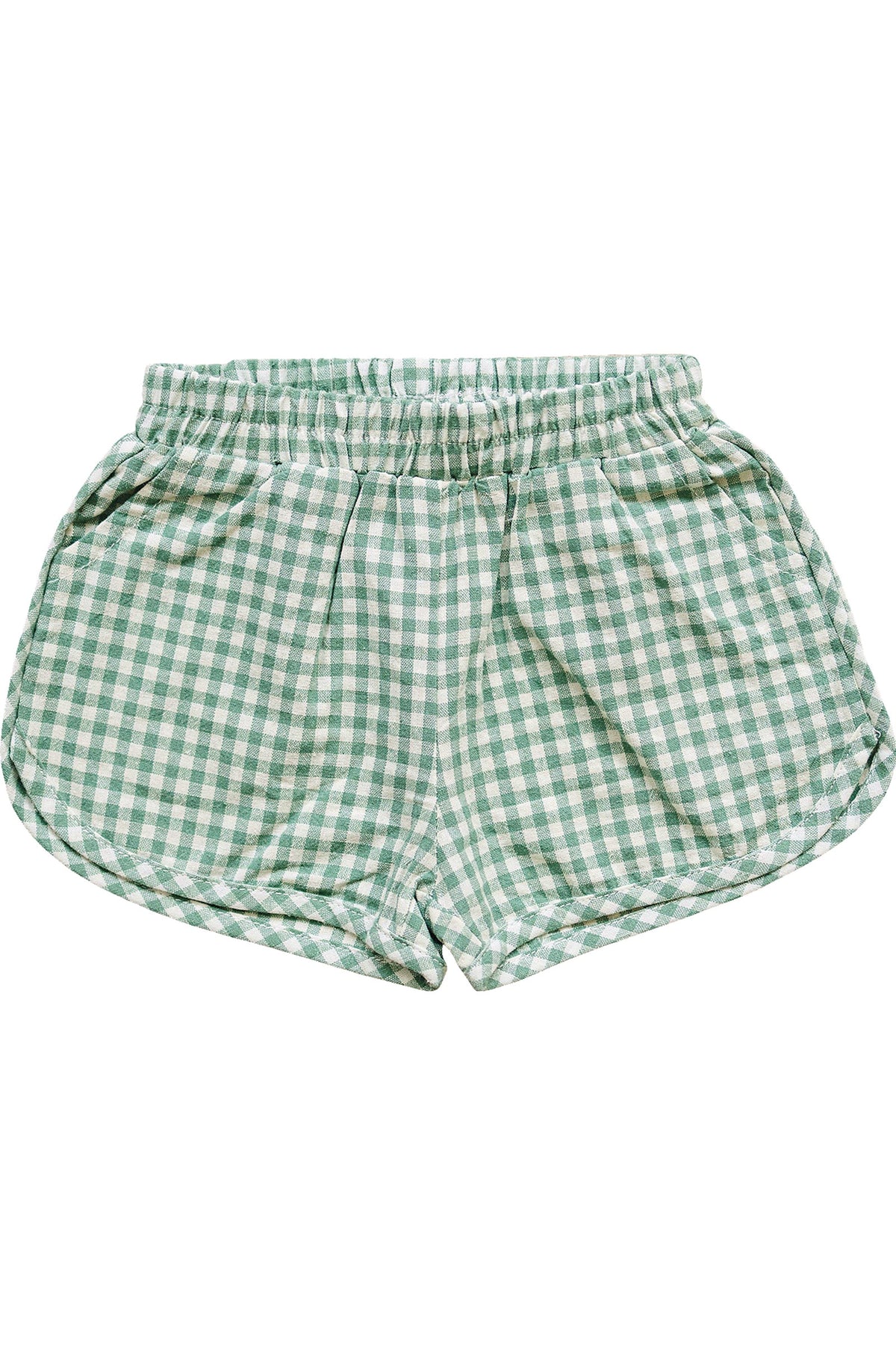 Green gingham shorts featuring an elastic waistband, made from soft cotton, suitable for babies and toddlers.