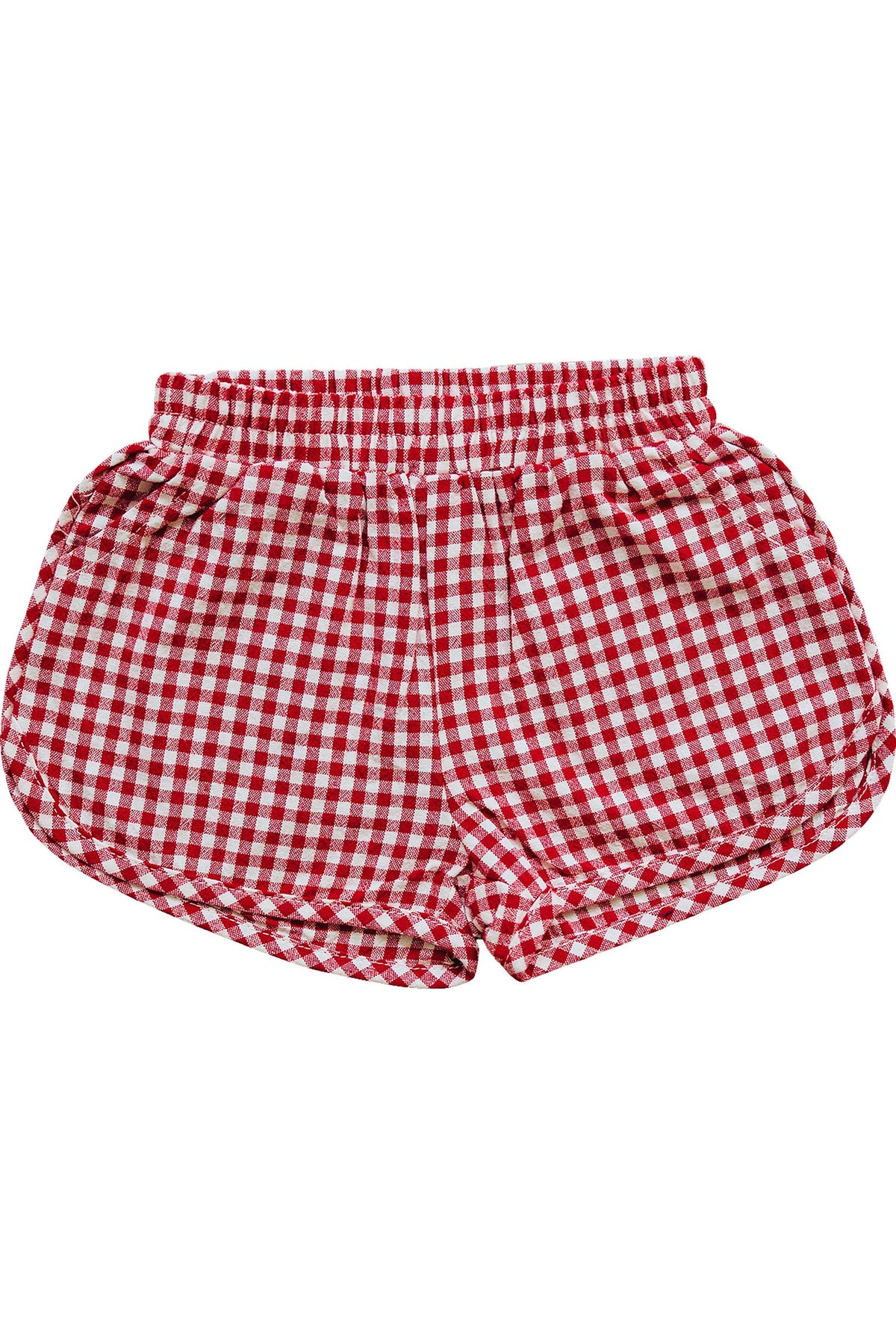 Red gingham shorts with an elastic waistband, featuring a classic checkered pattern on soft cotton fabric.