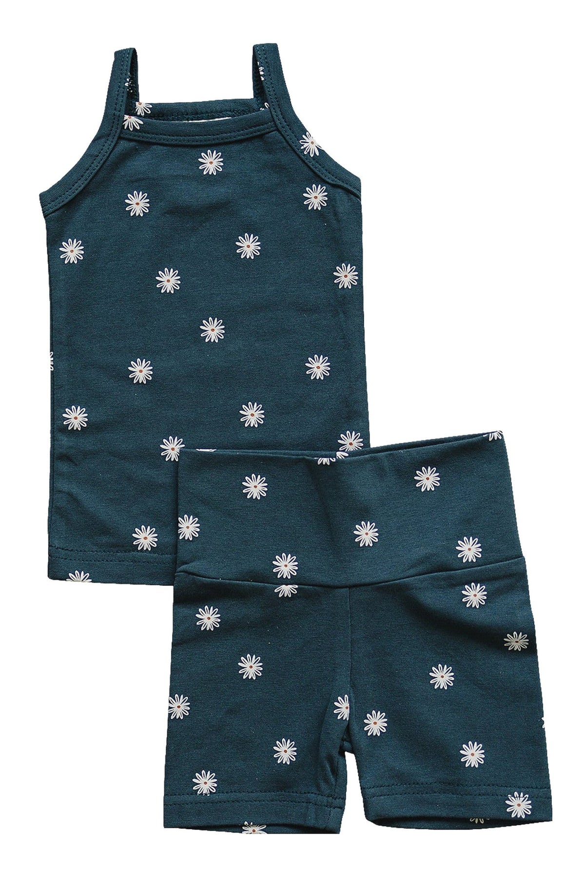 Navy blue tank top and biker shorts set featuring a white daisy pattern, made from cotton for kids.