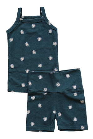 Girl Navy Daisies Tank + Biker Shorts Set | Cotton