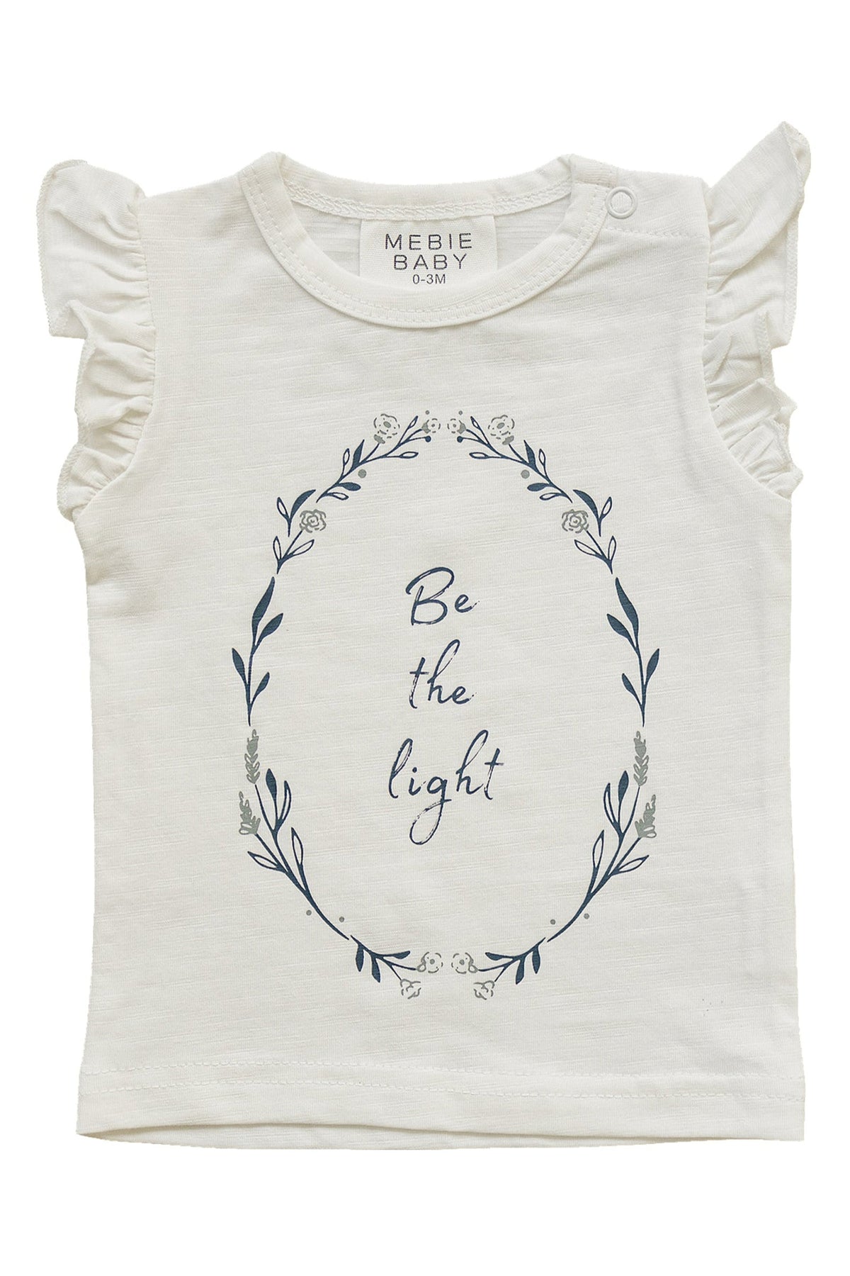 White Mebie Baby t-shirt with Be the light text, floral design, and ruffled sleeves, suitable for 0-3 months.