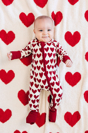 Mebie Baby Hearts Ribbed Zipper Pajama, Bamboo, Red, NB-18M, Gender Neutral, Baby