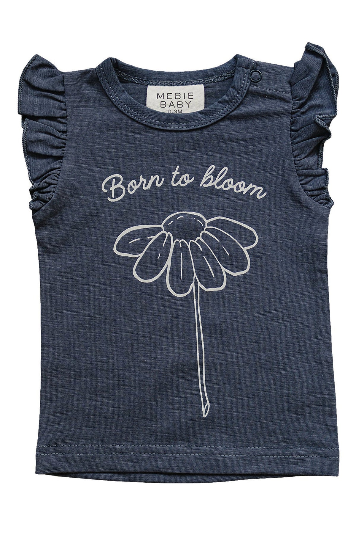 Navy blue baby t-shirt with Born to Bloom text and flower graphic, featuring ruffle sleeves, by Mebie Baby.