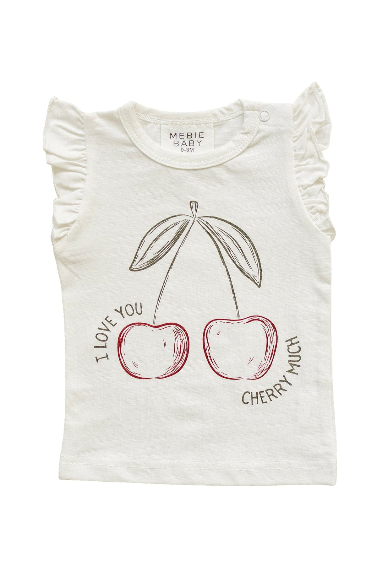 White Mebie Baby T-shirt with ruffled sleeves, featuring a cherry illustration and the text I love you cherry much.