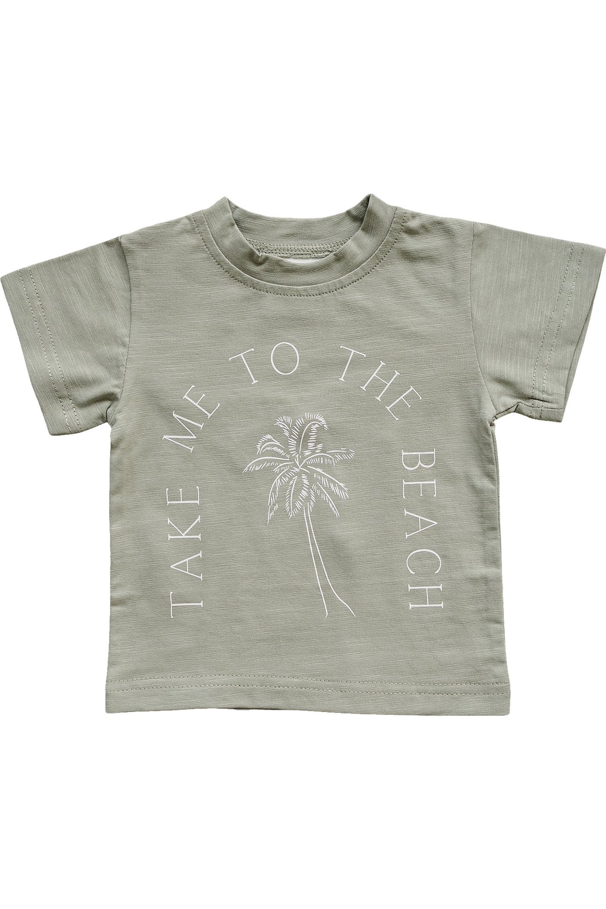 Olive green baby t-shirt with Take Me To The Beach text and palm tree graphic in white.