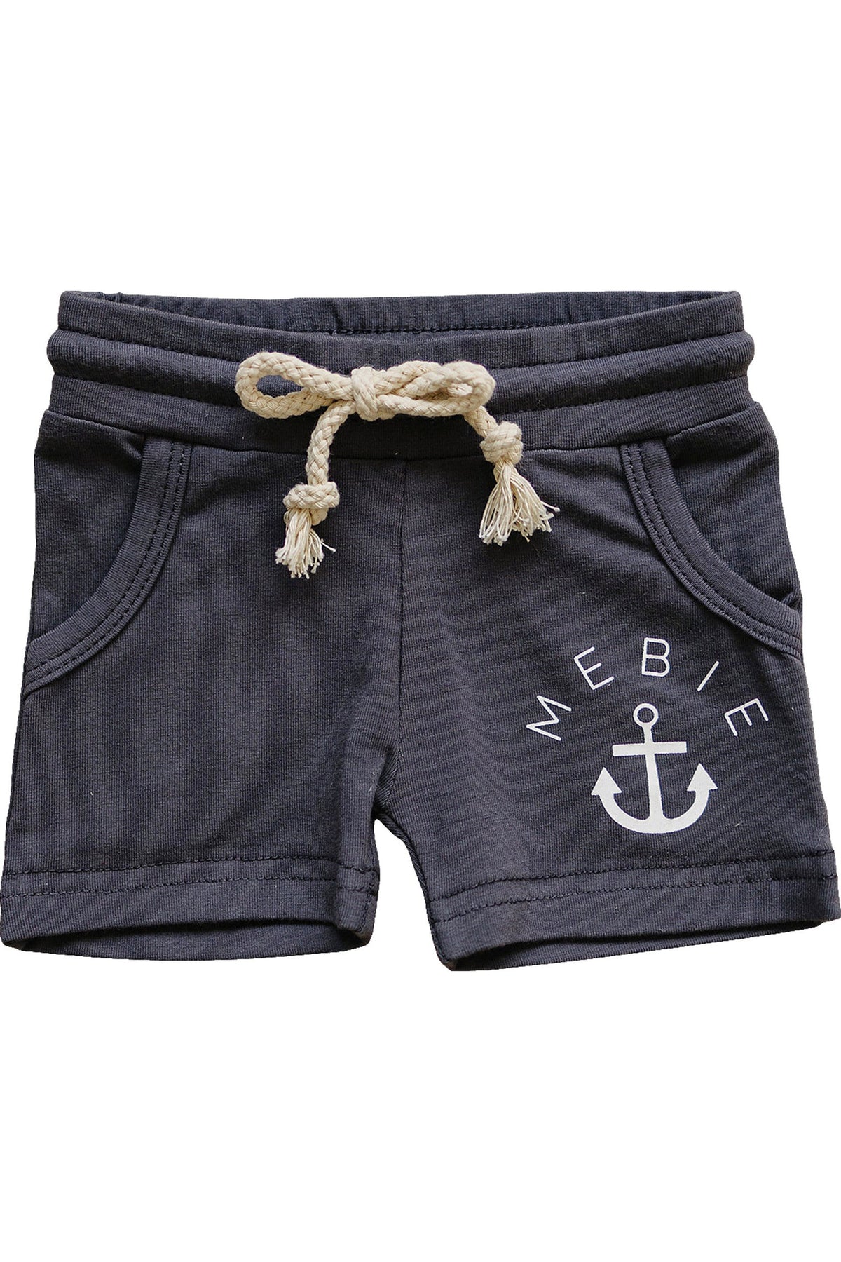 Slate cotton shorts with rope drawstring, side pockets, and anchor design. Made for babies and toddlers by Mebie.