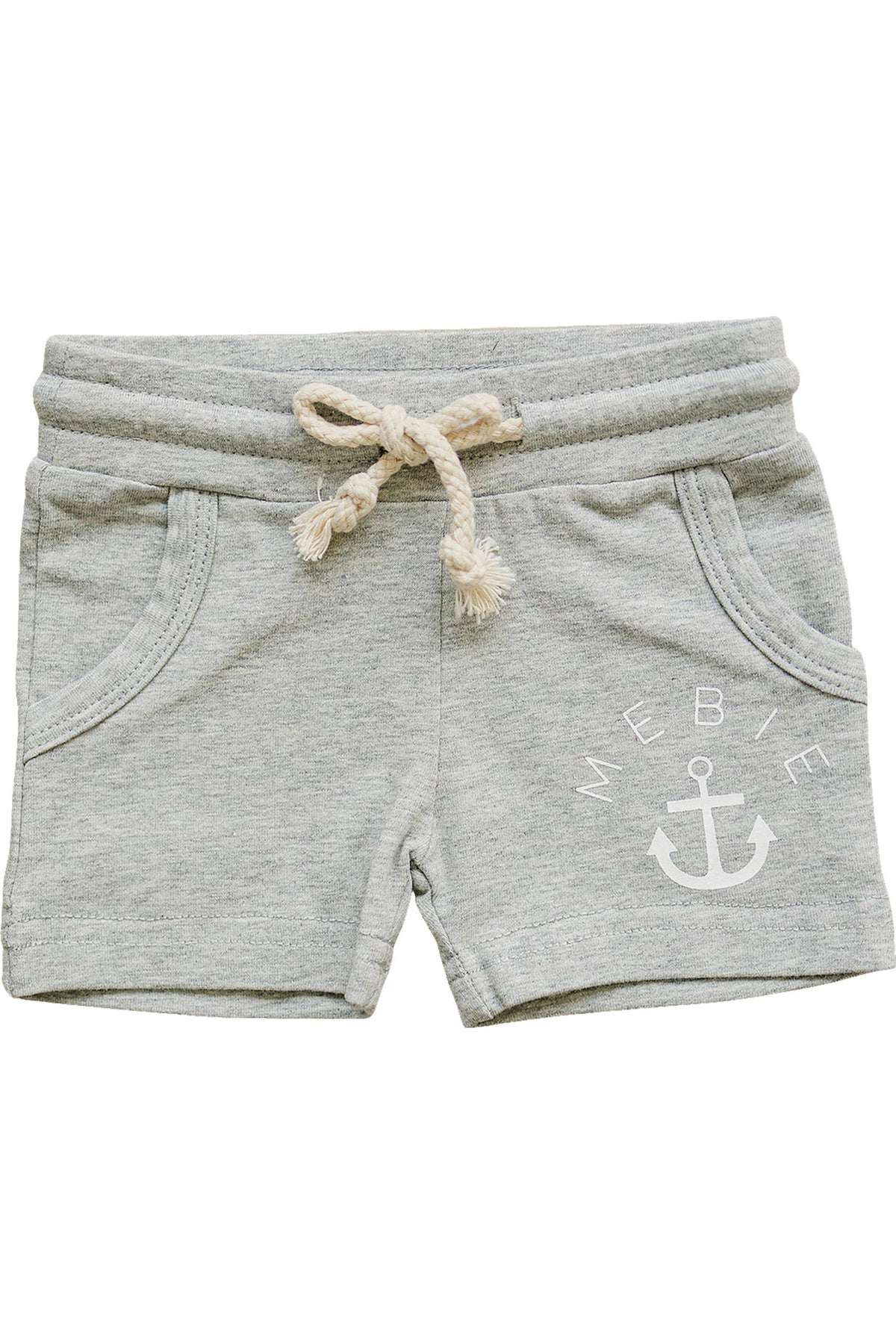 Heather grey cotton shorts with a drawstring, side pockets, and anchor design, suitable for babies and toddlers.