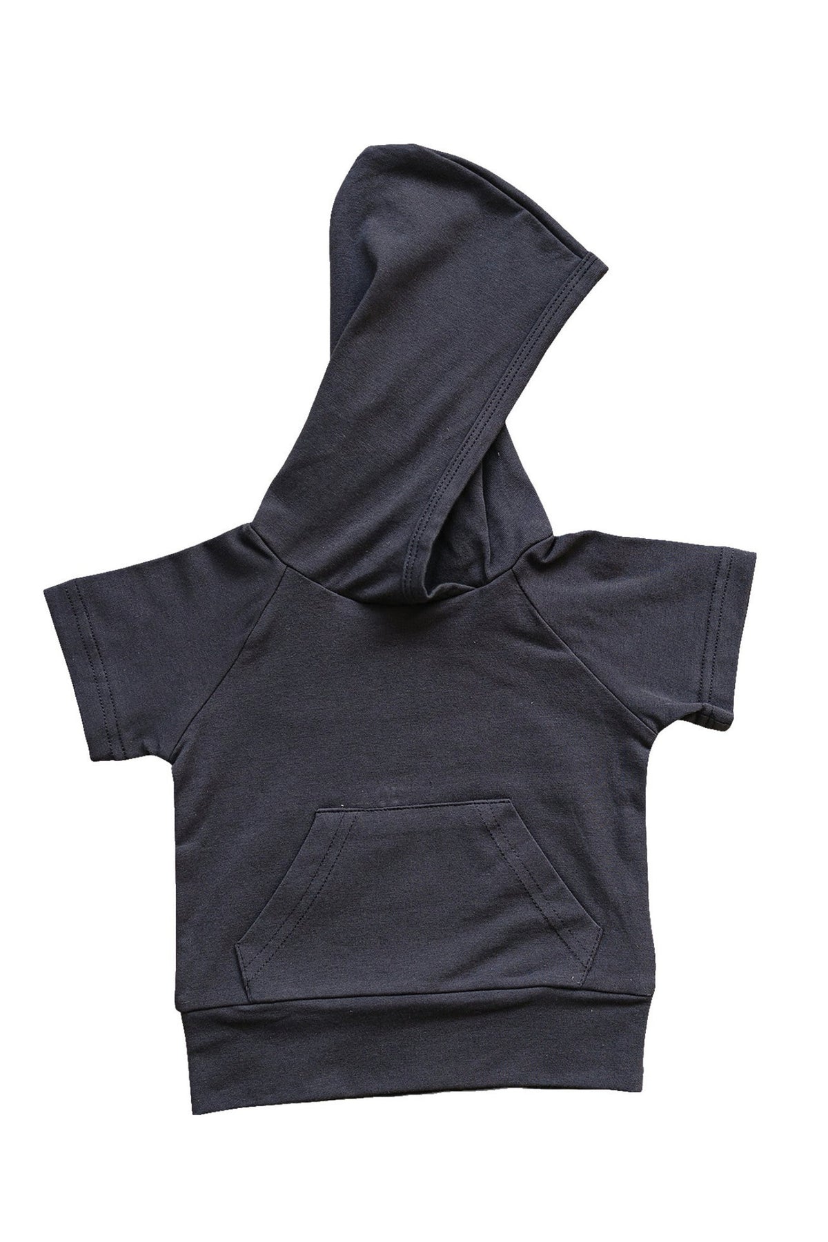 Dark slate hooded t-shirt for babies, featuring short sleeves and a front pocket, made from soft cotton fabric.