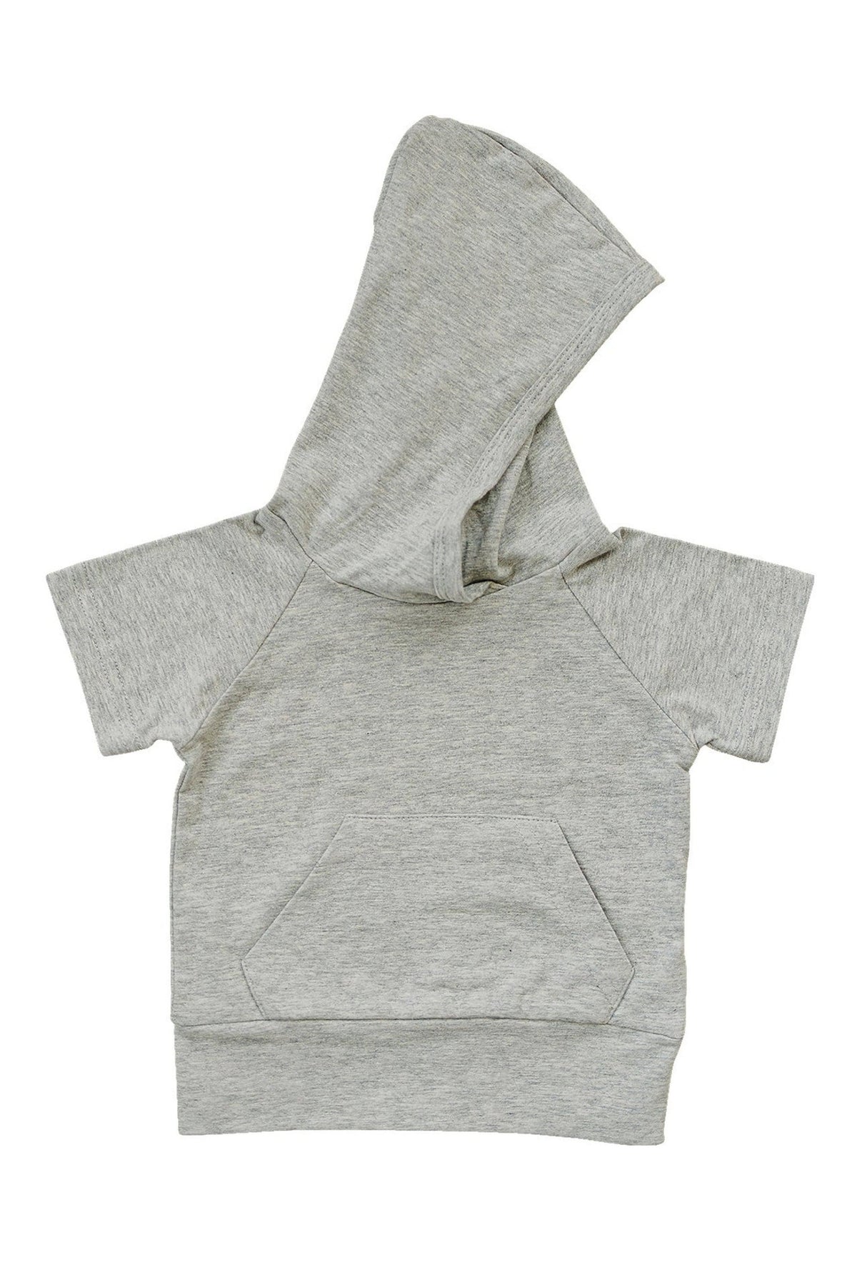 Heather grey short-sleeve hooded t-shirt featuring a front pocket, made from soft cotton for baby boys.