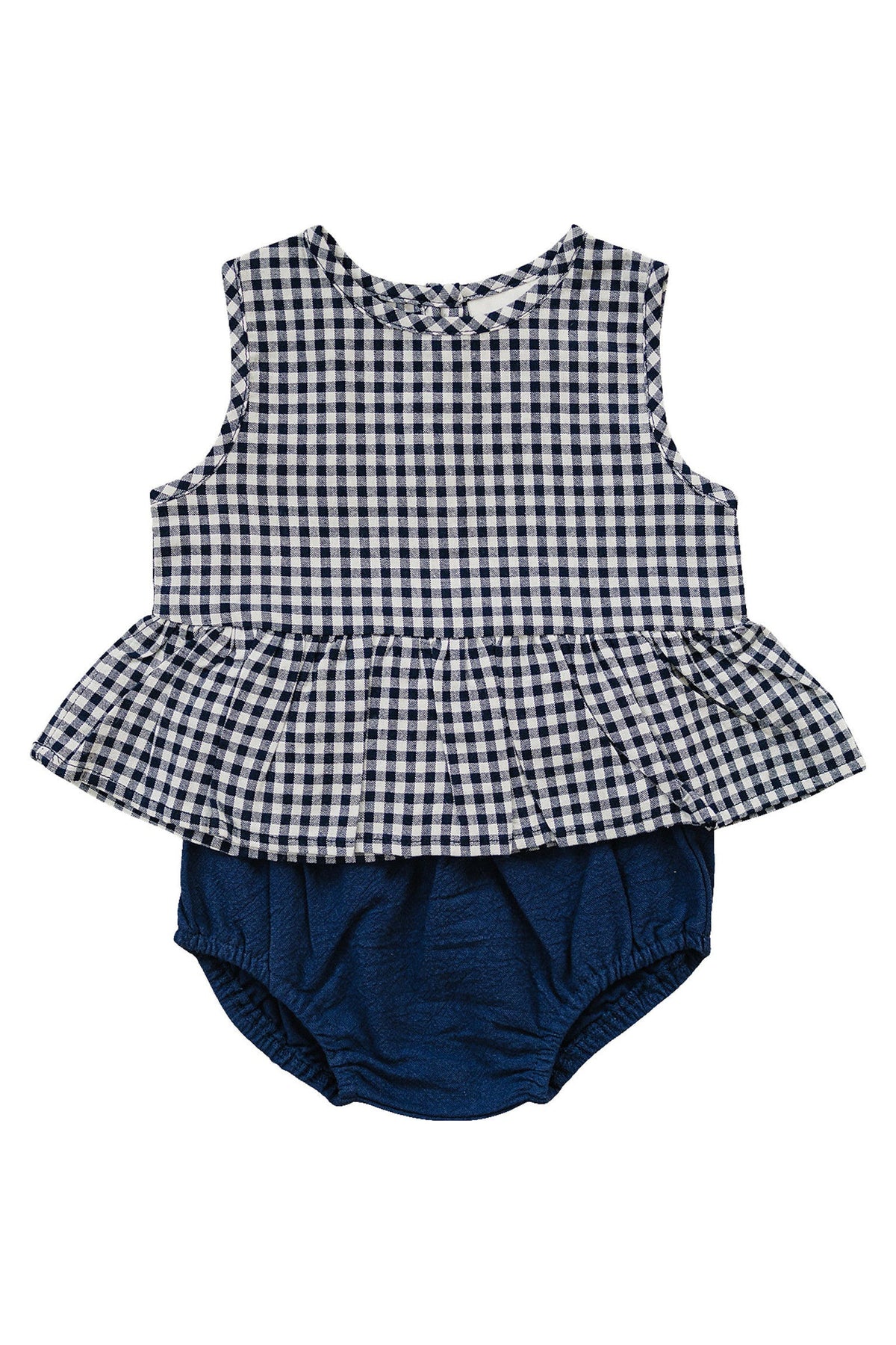 Navy gingham peplum set with sleeveless top and matching bloomers, made from a linen-cotton blend for babies.
