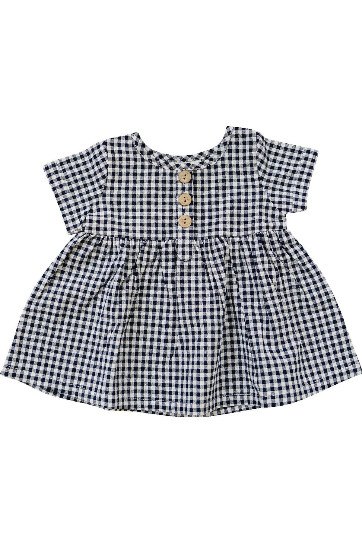 A navy gingham cotton dress features short sleeves, a round neckline, and wooden buttons down the front.